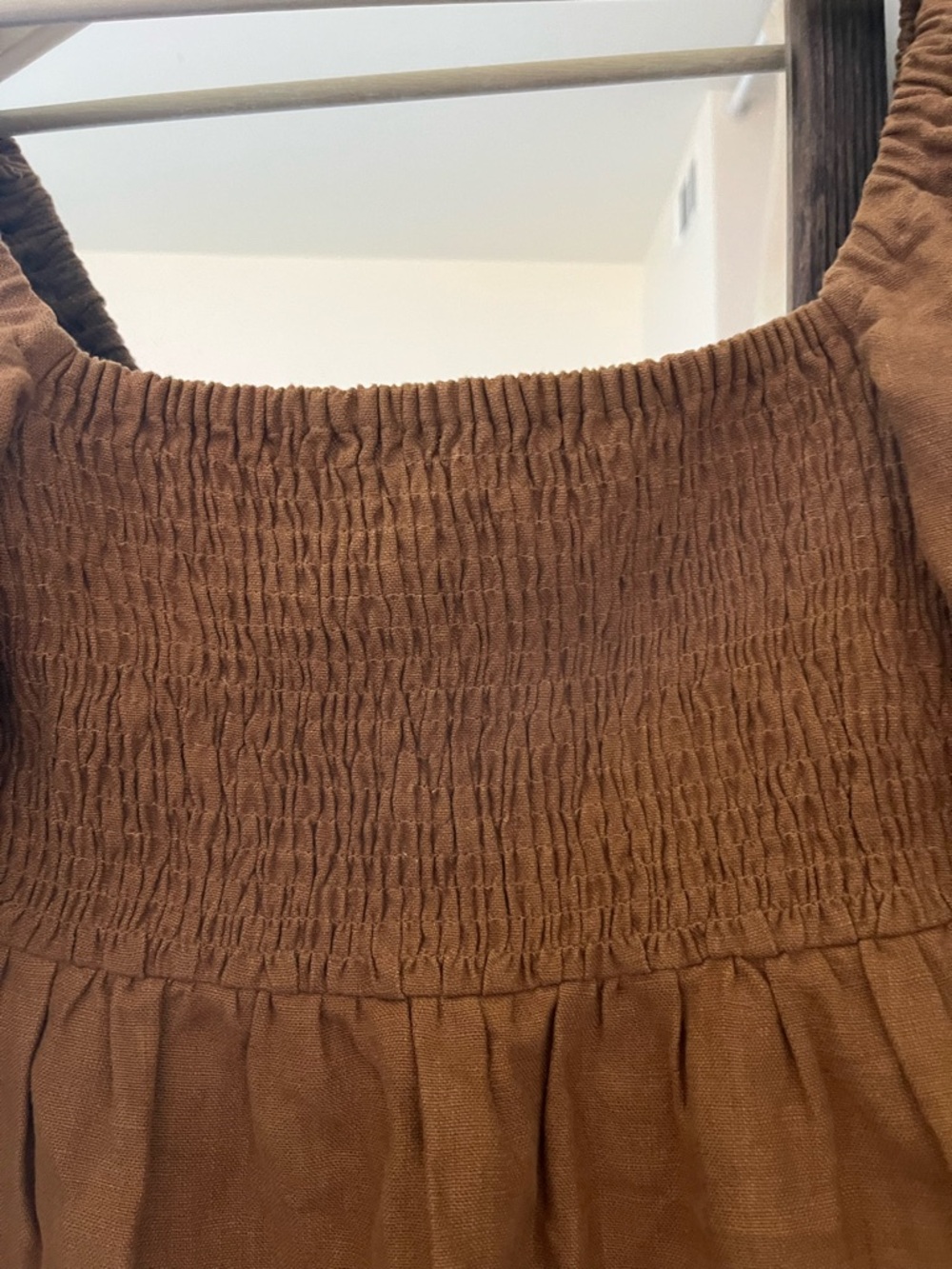 Sezane Smocked Square-Neck Mini Dress in Rust Brown - Picture 4 of 5